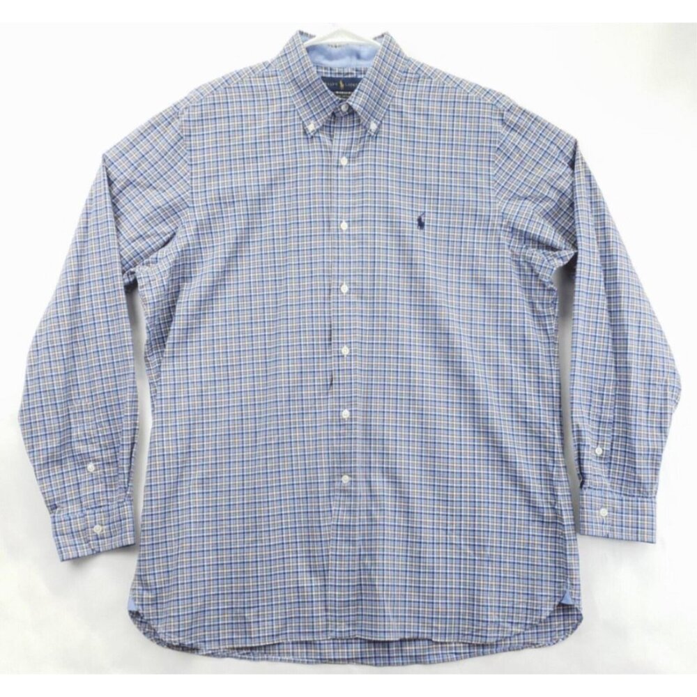 Ralph Lauren Shirt Mens Large Blue Check Cotton Stretch Casual Performance